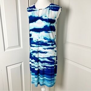 Calvin Klein Blue and White Tie Dye Style Sleeveless Keyhole Sheath Dress - 4